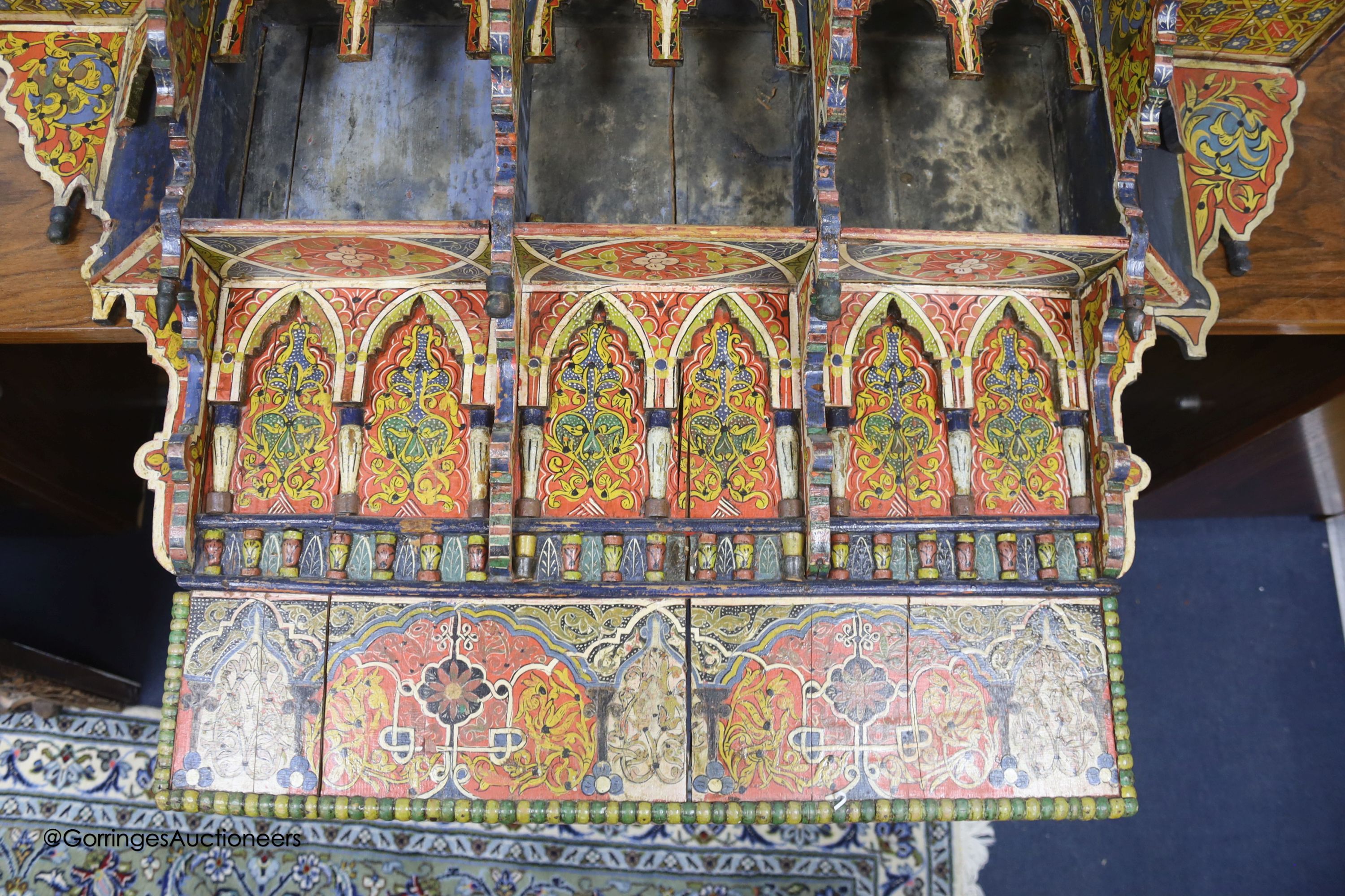 A 19th century painted wood wall shelf, width 106cm depth 26cm height 78cm